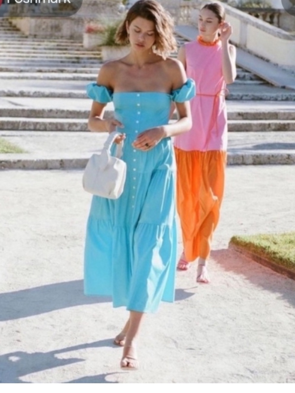 STAUD Elio Dress off the shoulder tiered cotton maxi dress Aqua Blue